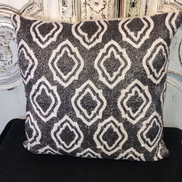 Beautiful Metallic Deep Gray and White Beaded Geometric Pattern Accent Pillow - Picture 1 of 8
